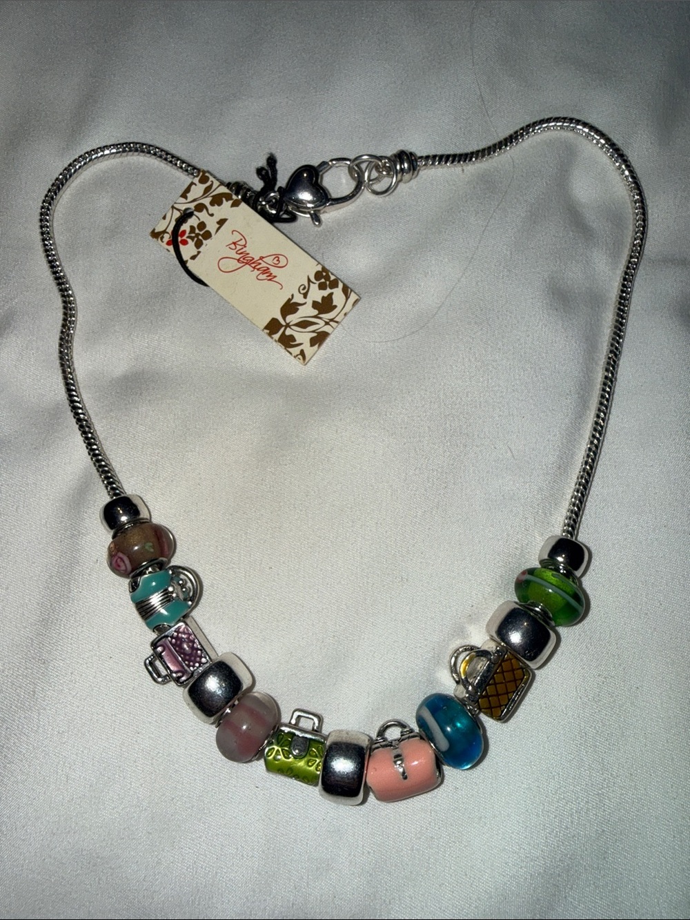 Silver-Tone Charm Necklace with Multicolor Glass Beads